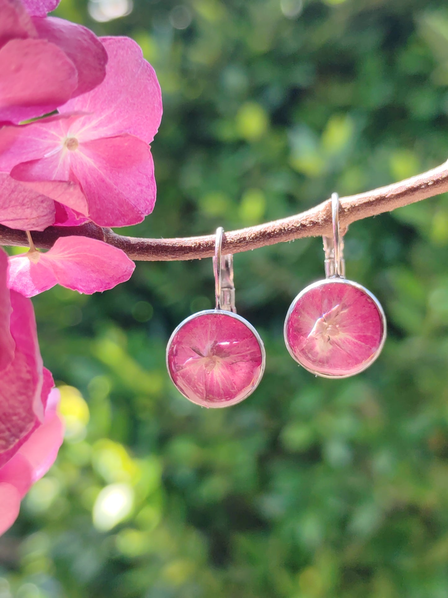 Boucle d'oreille dormeuse - Fleurs séchées - Hortensia rose