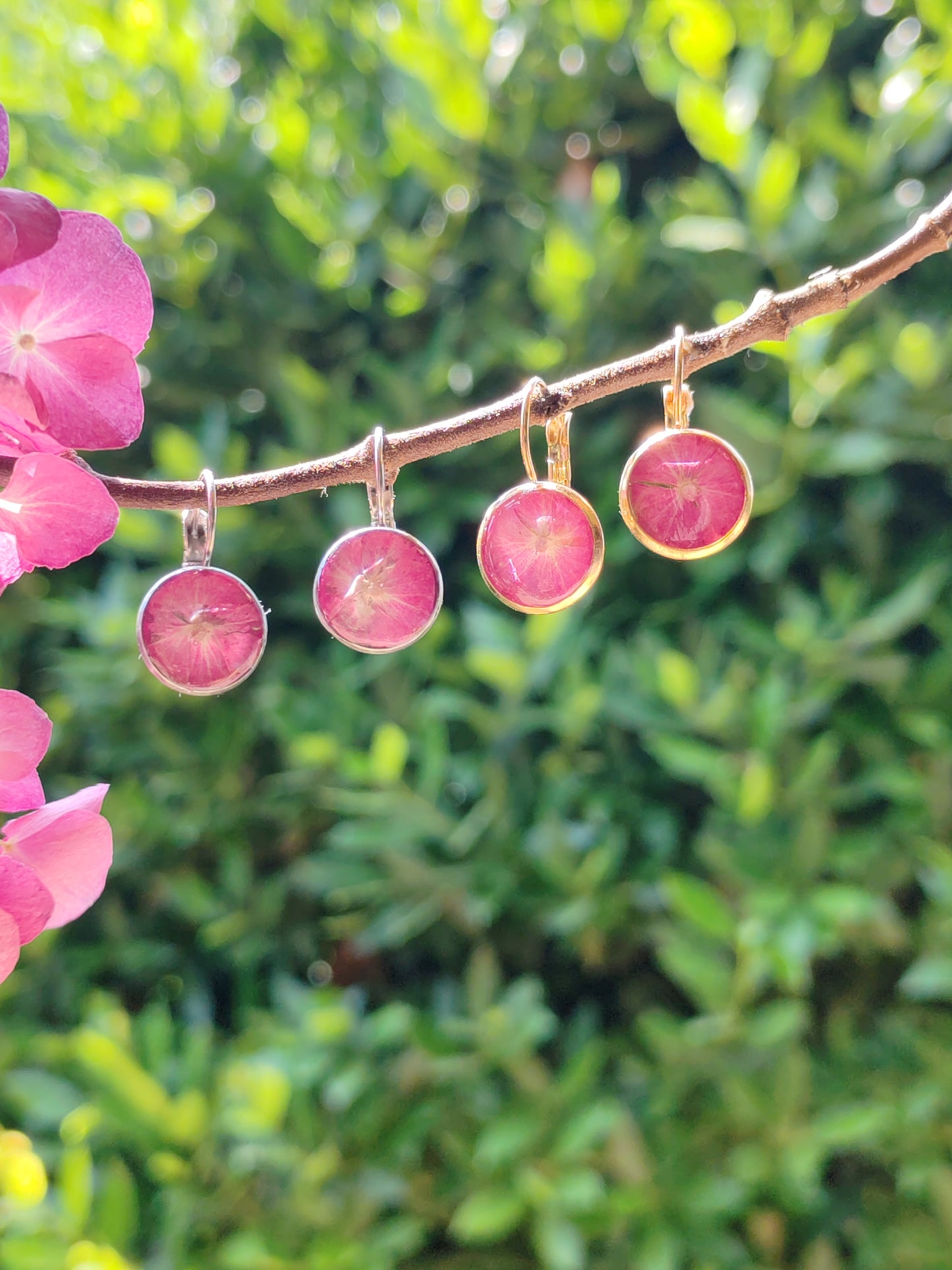 Boucle d'oreille dormeuse - Fleurs séchées - Hortensia rose