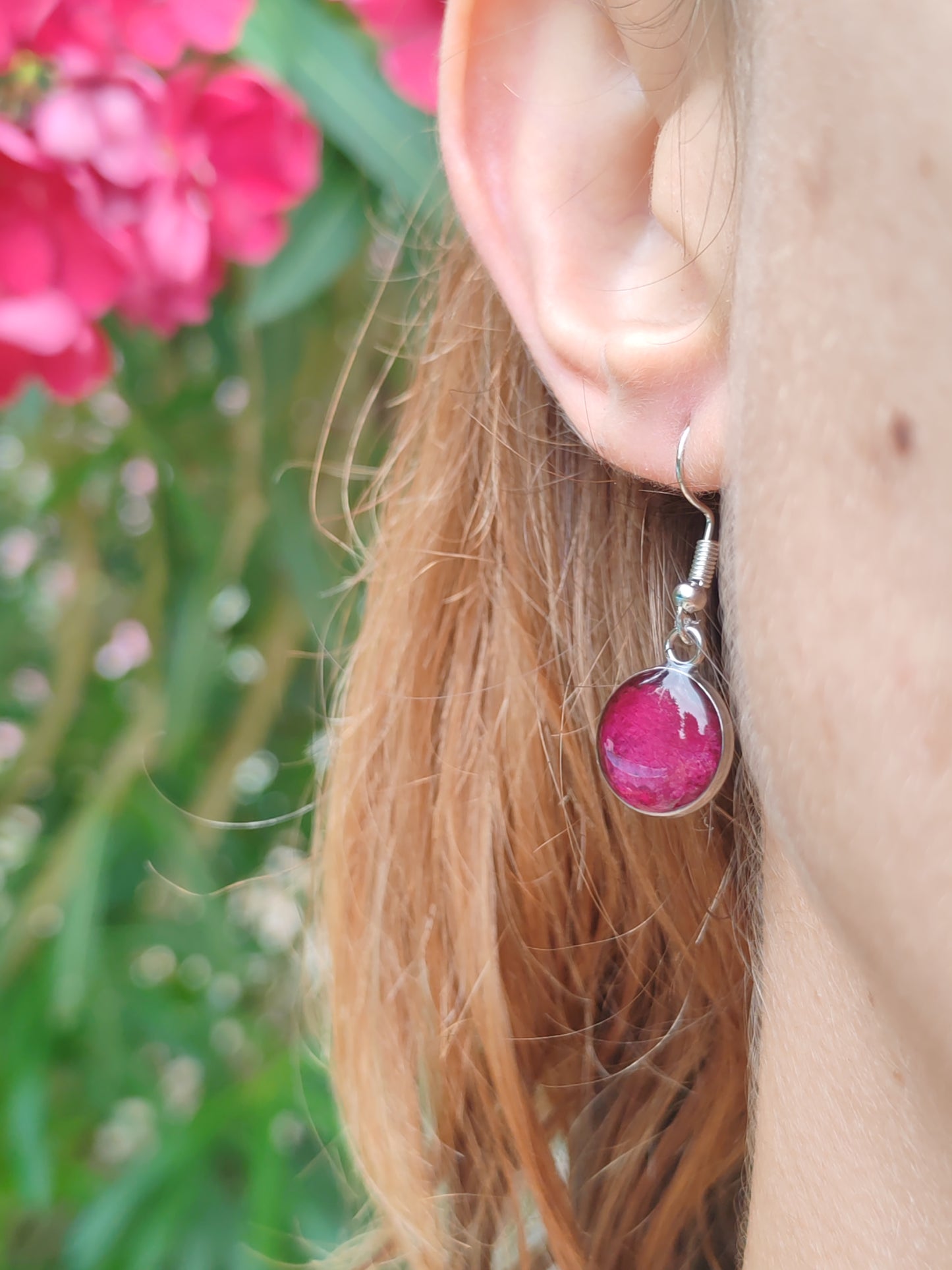 Boucle d'oreille crochet - Fleurs séchées - Pétale de rose panaché